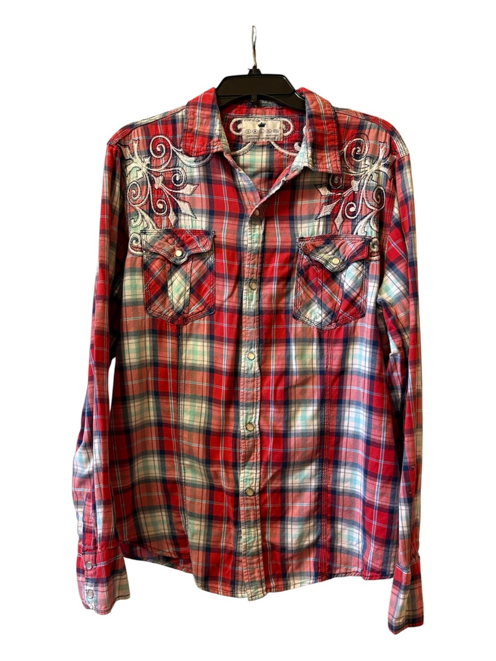 Women’s Red Plaid Western Embroidered Button-Up Shirt
